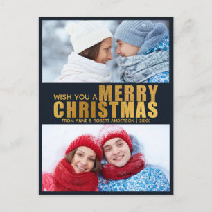 Gold Foil & Navy Blue Bold Merry Christmas 2 Photo Holiday Postcard