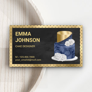 Gold Foil Navy Blue Floral Cake Pastry Chef Bakery Business Card