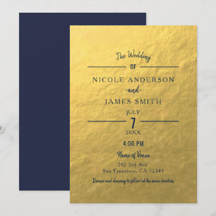 Gold Foil Navy Blue Minimal Clean Classic Wedding Invitation