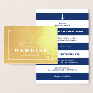 Gold Foil & Navy Blue Stripes Nautical Wedding Foil Card