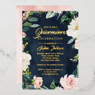 GOLD FOIL Navy Blush Floral Wreath Quinceanera