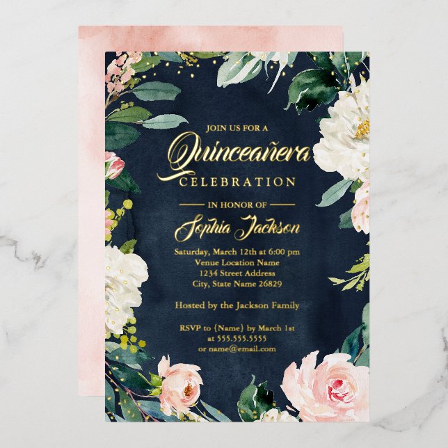 GOLD FOIL Navy Blush Floral Wreath Quinceanera (Front/Back)