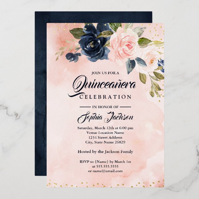 GOLD FOIL Navy Blush Pink Floral Quinceanera (Front/Back)