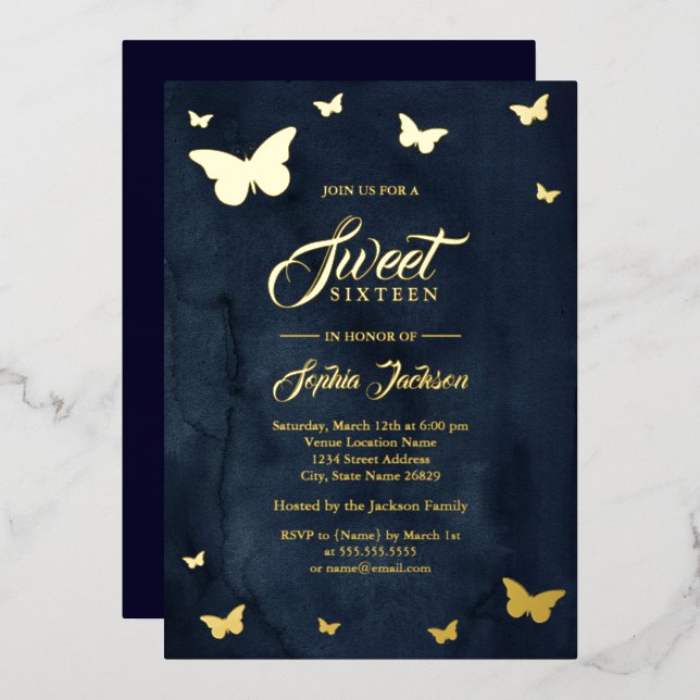 GOLD FOIL Navy Butterfly Sweet 16 Gold (Front/Back)