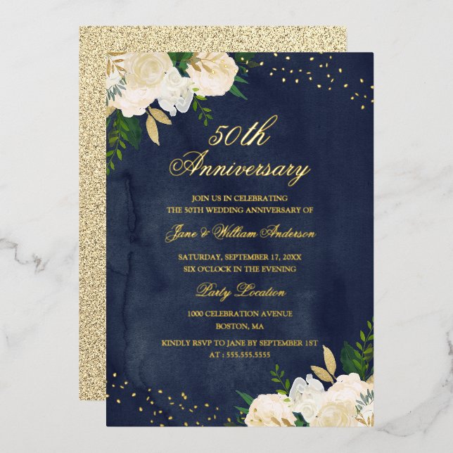 GOLD FOIL Navy Gold Floral 50th Anniversary (Front/Back)