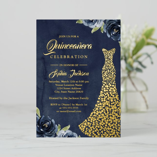 GOLD FOIL Navy Gold Floral Dress Quinceanera  (Standing Front)