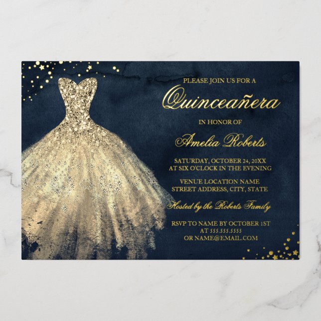 GOLD FOIL Navy Gold Sparkle Dress Quinceanera  (Front)