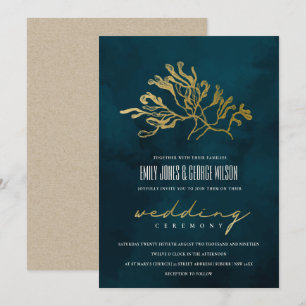 GOLD FOIL NAVY UNDERWATER SEAWEED WEDDING INVITE