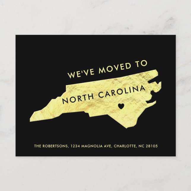 Gold Foil North Carolina Map Black New Address Announcement Postcard (Front)