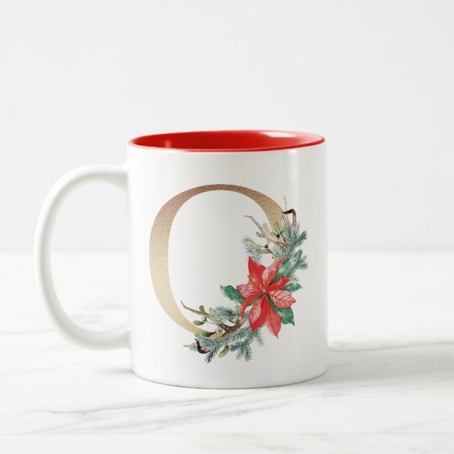 Gold Foil O  Monogram Pine & Berry  Christmas Two-Tone Coffee Mug (Left)