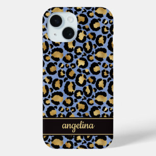 Gold Foil On Blue Leopard Print Monogrammed iPhone 15 Case