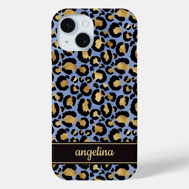 Gold Foil On Blue Leopard Print Monogrammed Case-Mate iPhone Case (Back)