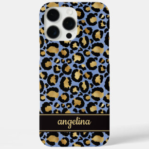 Gold Foil On Blue Leopard Print Monogrammed iPhone 16 Pro Max Case