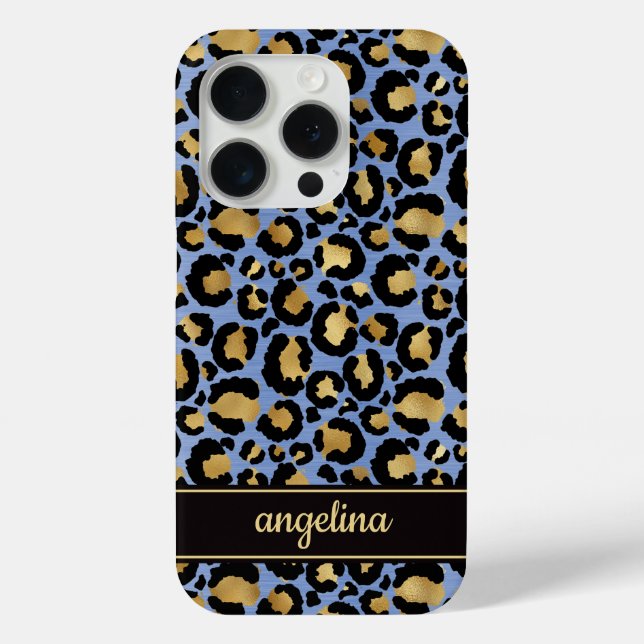 Gold Foil On Blue Leopard Print Monogrammed Case-Mate iPhone Case (Back)