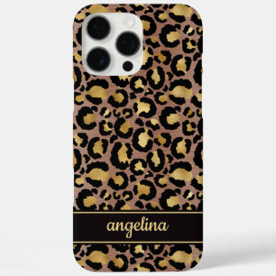 Gold Foil On Brown Leopard Print Monogrammed iPhone 16 Pro Max Case