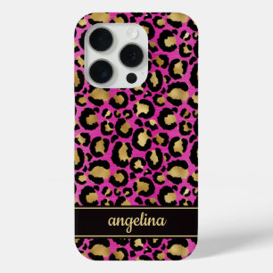 Gold Foil On Hot Pink Leopard Print Monogrammed iPhone 15 Pro Case