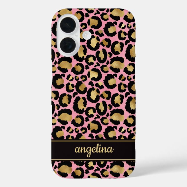 Gold Foil On Pink Leopard Print Monogrammed Case-Mate iPhone Case (Back)