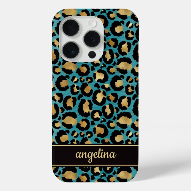 Gold Foil On Teal Leopard Print Monogrammed Case-Mate iPhone Case (Back)
