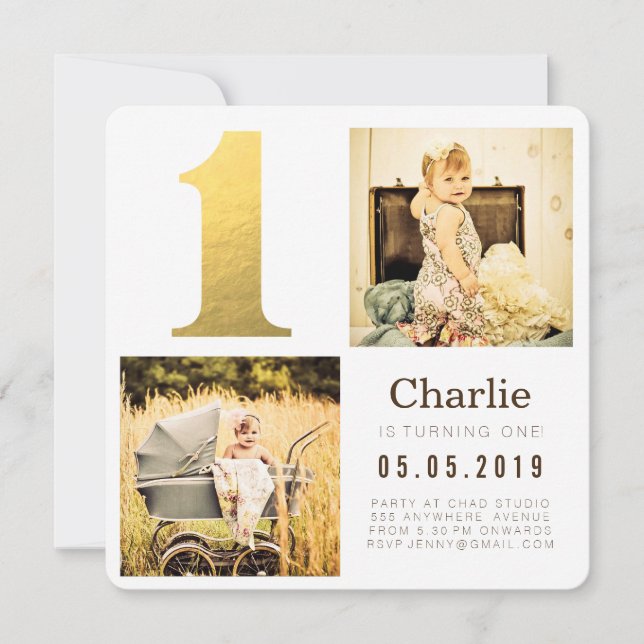 Gold Foil One 1st Birthday Photo Cards (Front)
