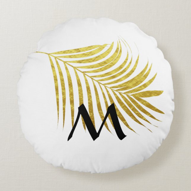 Gold Foil Palm Leaf Tropical Monogrammed Initials Round Cushion (Front)