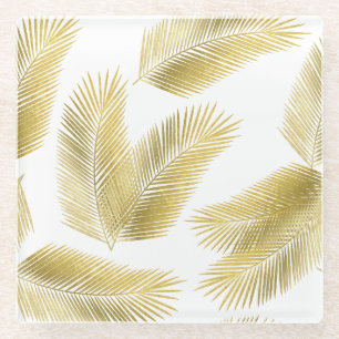 Gold Foil Palm Leaves Pattern Glass Coaster