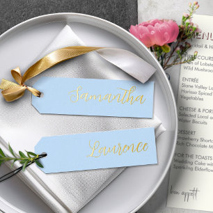 Gold Foil Pastel Blue 8 Wedding Place Name Tags Holiday Card