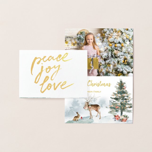 Gold Foil Peace Joy Love Woodland Christmas Photo Card (Display)
