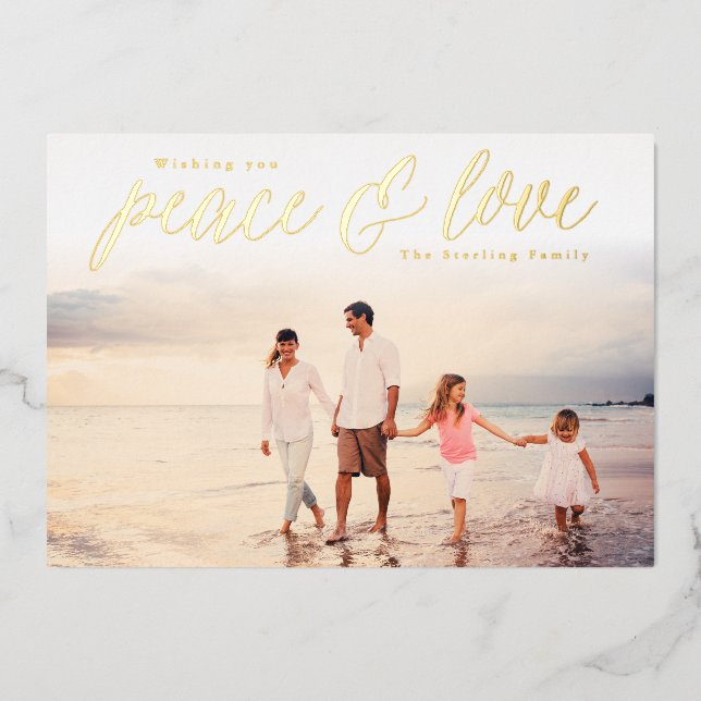 Gold Foil Peace & Love Holiday Photo Cards (Front)