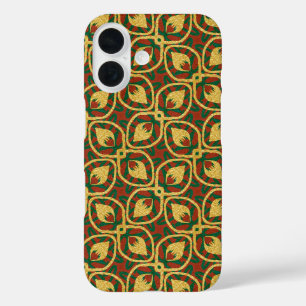 Gold Foil Peacock Feathers Red Green iPhone 16 Case