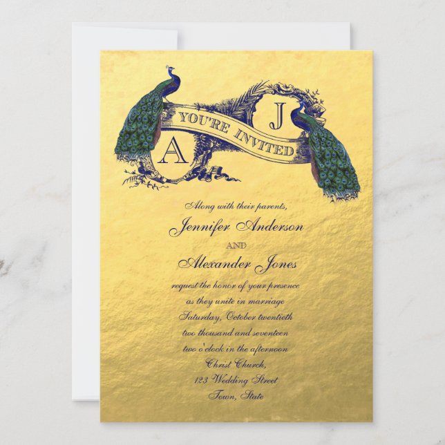 Gold Foil Peacock Vintage Wedding Invitation (Front)