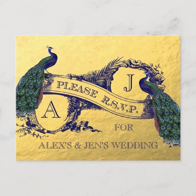 Gold Foil Peacock Wedding RSVP Postcard 2 (Front)
