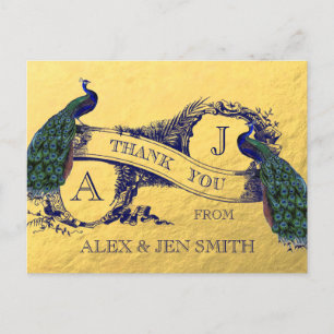 Gold Foil Peacock Wedding Thank You Postcard