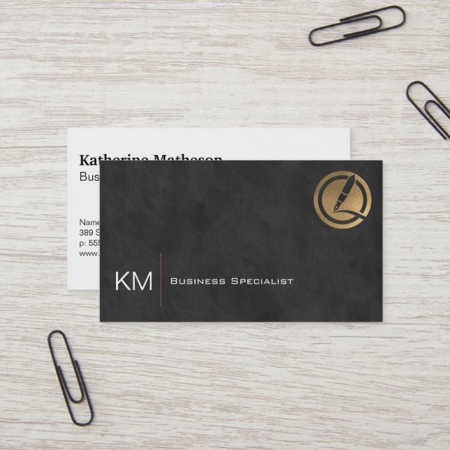 Gold Foil Pen Logo | Black Texture Background Business Card (Front/Back In Situ)