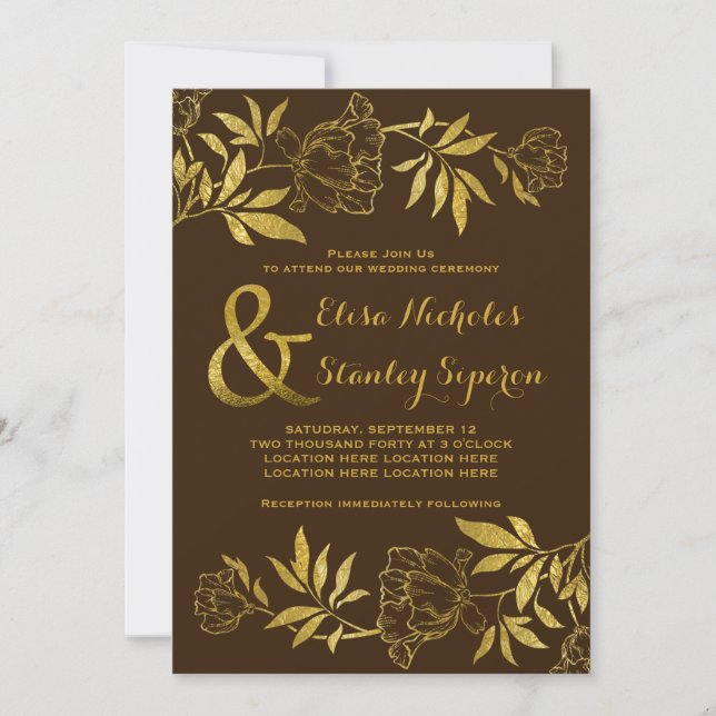 Gold foil peonies floral brown wedding invitation (Front)