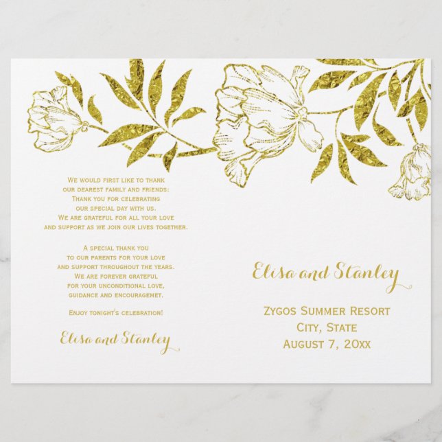 Gold foil peonies white wedding folded program (Front)