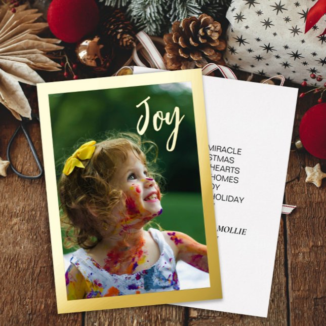 Gold Foil Photo Christmas Holiday Joy ("Joy" Christmas gold foil Christmas greeting card. Personalized with your own text.)