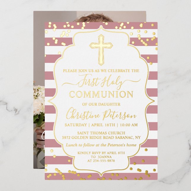 Gold Foil Photo Dusty Pink Stripes First Communion (Front/Back)