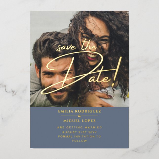 GOLD Foil Photo Overlay Blue Save Date Wedding (Front)