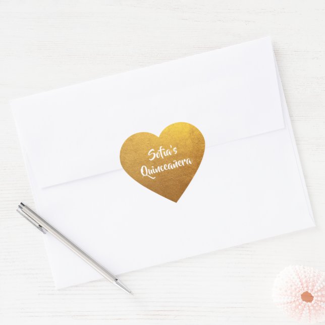 Gold Foil Photo Personalised Quinceañera Heart Sticker (Envelope)