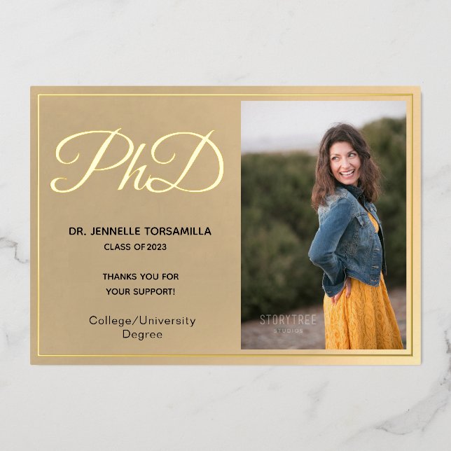 Gold Foil Photo PhD Graduation Thank You Card (Front)