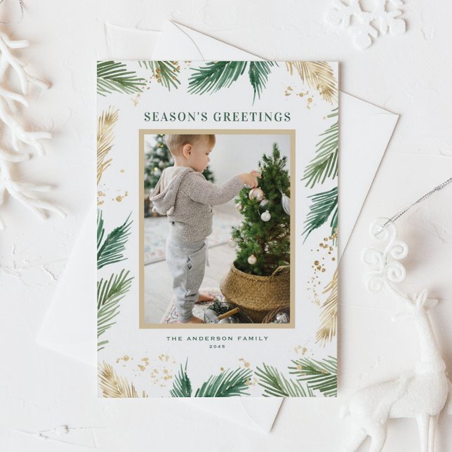 Gold Foil Pine Needles Photo Season's Greetings Holiday Postcard (Green Watercolor and Faux Gold Foil Pine Needles Photo Season's Greetings Holiday Postcard)