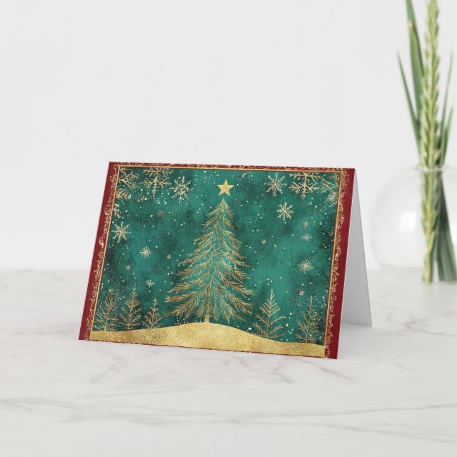 Gold Foil Pine Tree in Snowfall Card (Front)