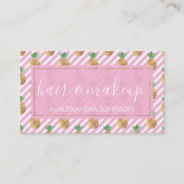 Gold Foil Pineapple and Pink and White Stripes Business Card (Front)