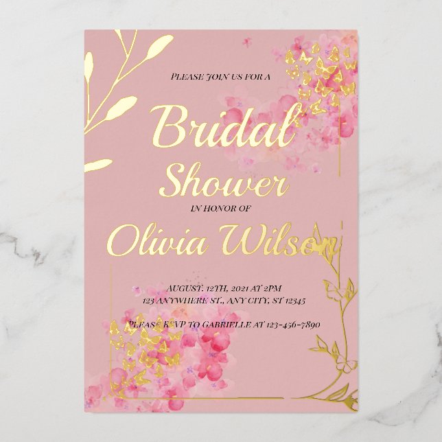 Gold foil pink bridal shower invitation (Front)