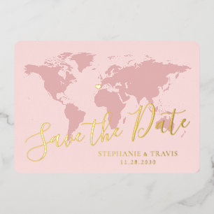 Gold Foil Pink World Map Destination Save the Date
