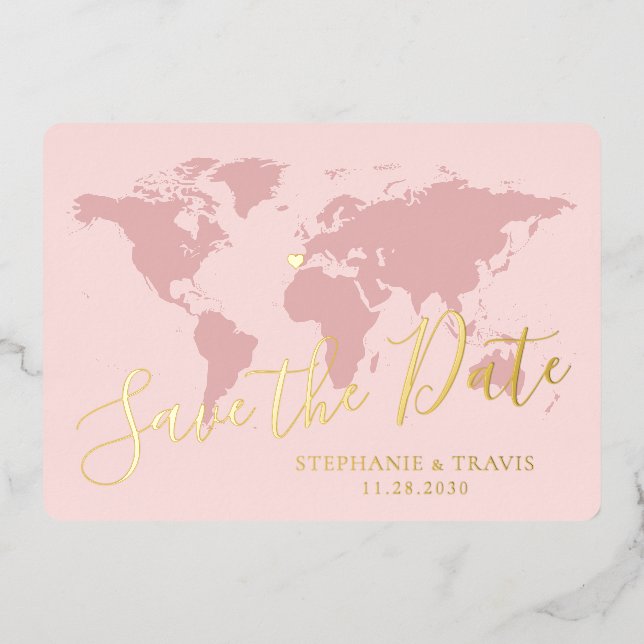 Gold Foil Pink World Map Destination Save the Date (Front)