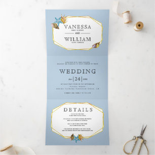 Gold foil polygon and seashells beach wedding Tri-Fold invitation