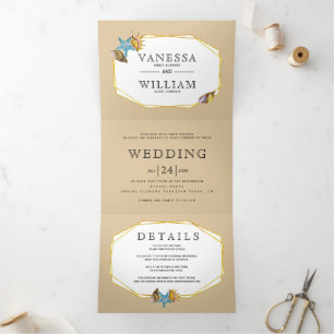 Gold foil polygon seashells sand beach wedding Tri-Fold invitation