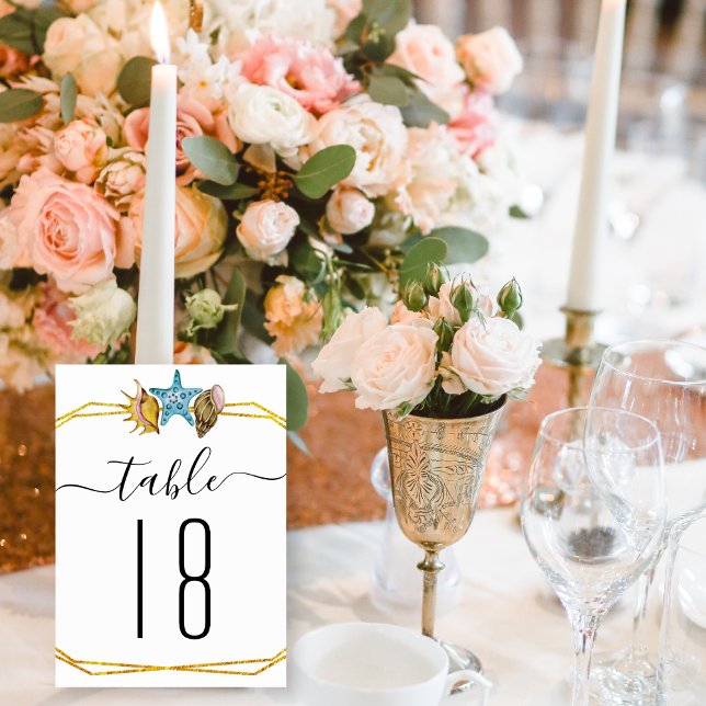 Gold foil polygon seashells wedding table number (Creator Uploaded)