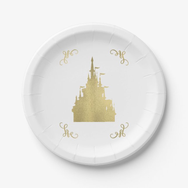 Gold Foil Princess Flag Castle Storybook Wedding Paper Plate (Front)